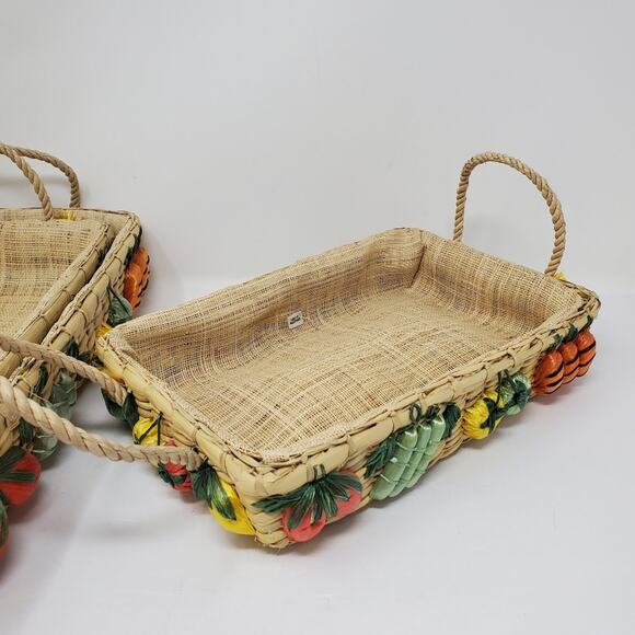 Vintage straw basket lot of 3 nesting baskets  with 3D veggie details Jute - Picture 6 of 6